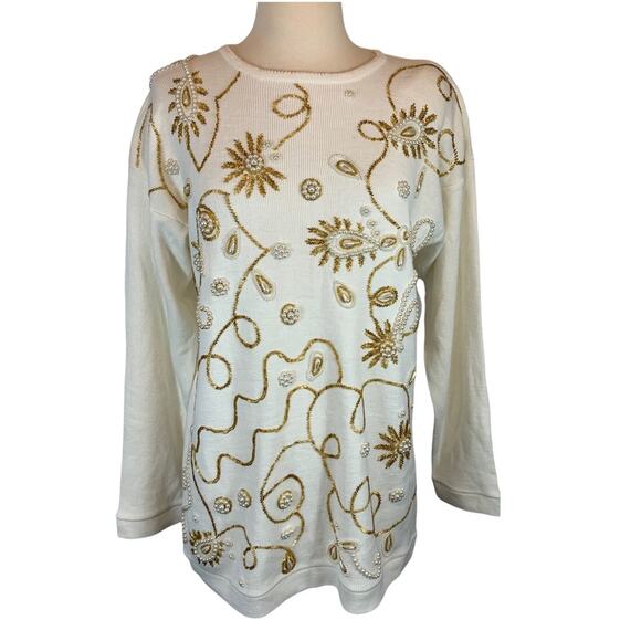 Vintage 80s-90s White Gold Beaded Pearl Embellished Sweater Size Woman's Medium - Picture 1 of 6